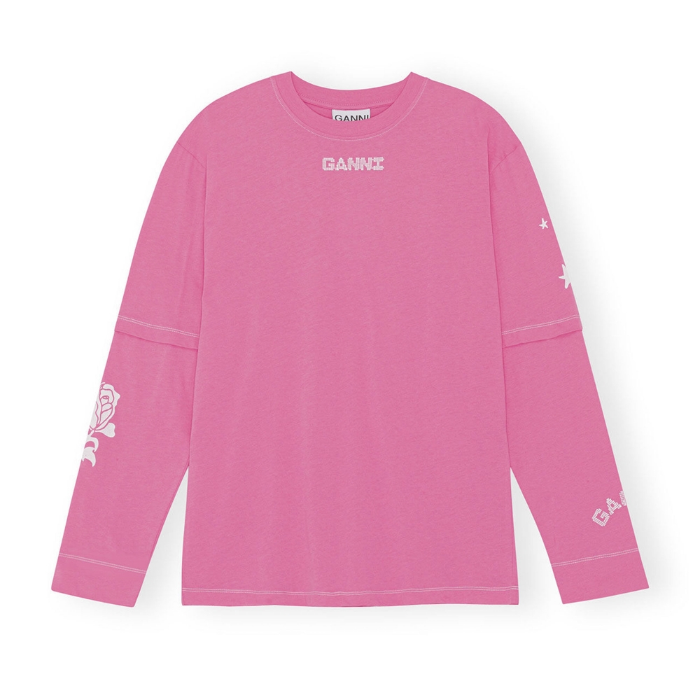 GANNI Light Jersey Layered Long Sleeve T-shirt Lab (Shocking Pink)