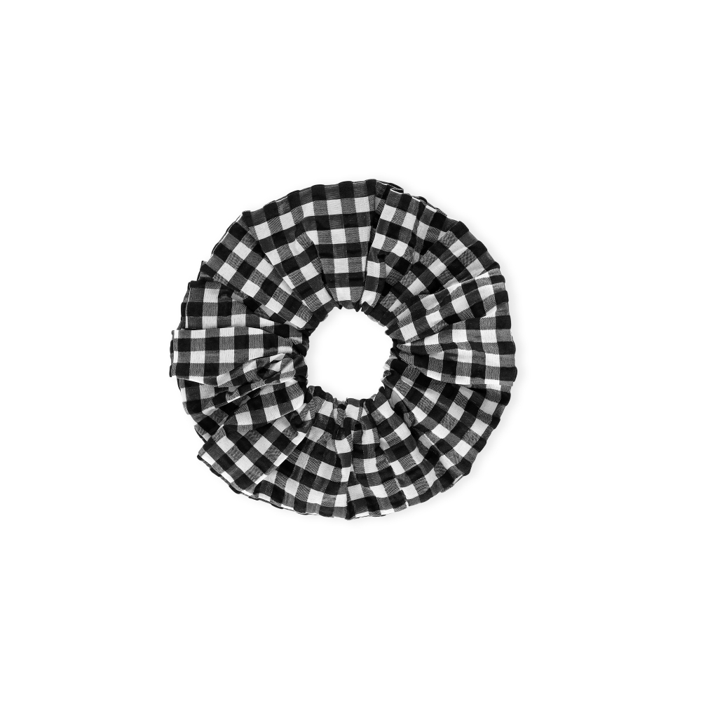 GANNI Monochrome Checkered Seersucker Scrunchie (Black)