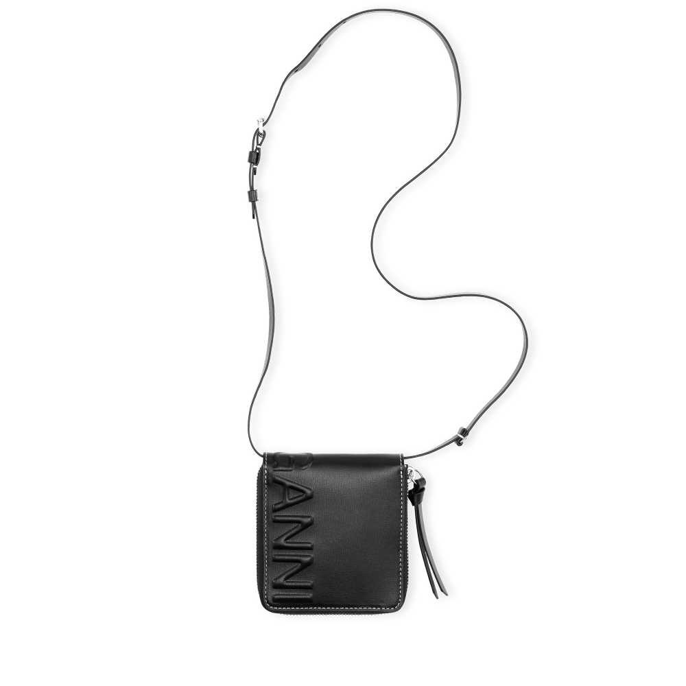 GANNI Necklace Logo Compact Zip Around Wallet (Black)