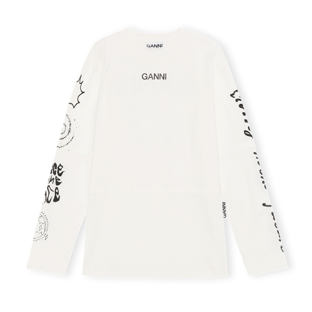 GANNI O-Neck Drop Shoulder Layered Long Sleeve T-Shirt (Egret)