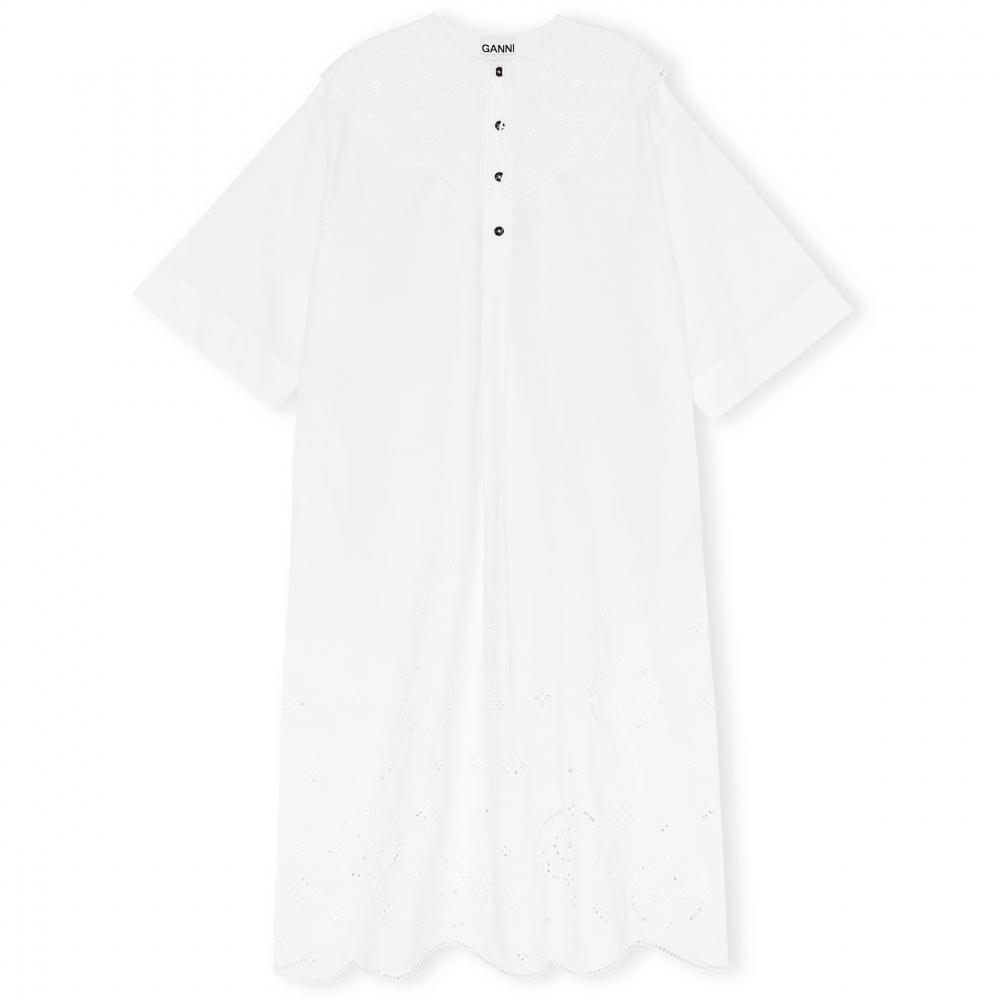 GANNI Oversized Broderie Anglaise Midi Dress (Bright White)
