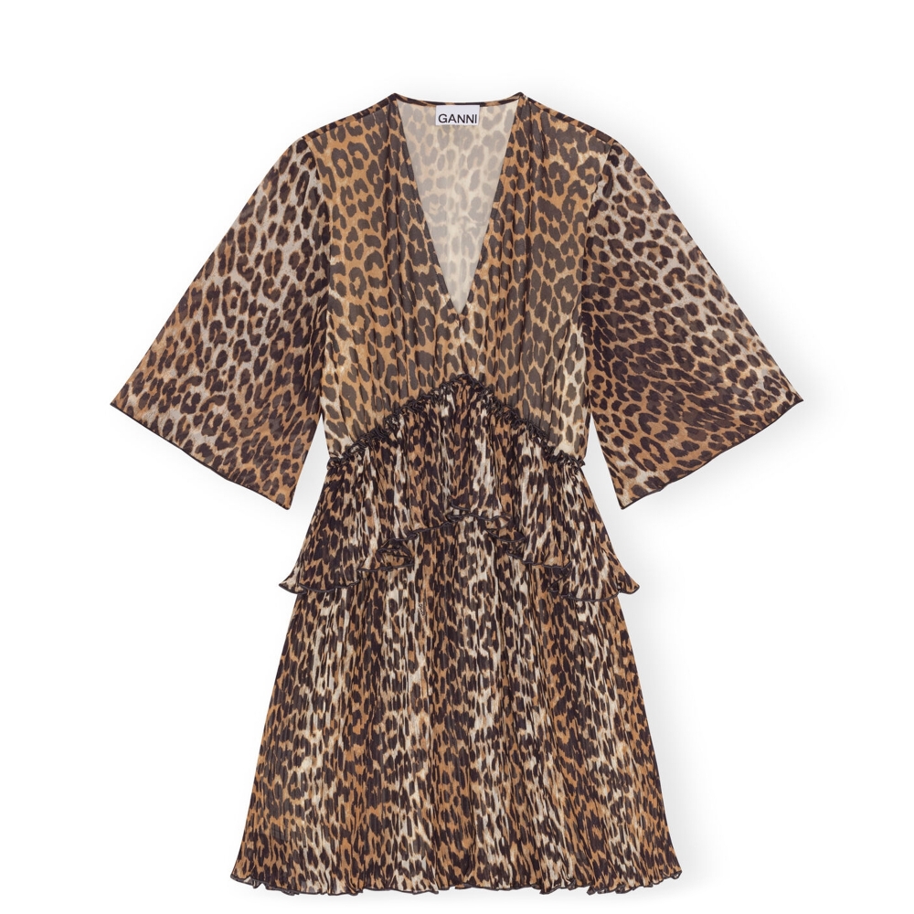 GANNI Leopard Pleated Georgette V-Neck Flounce Mini Dress (Almond Milk)