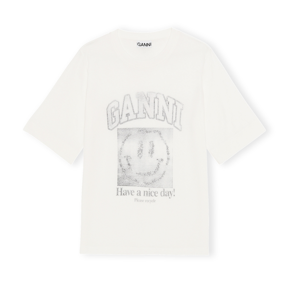 GANNI Smiley O-Neck Mid Sleeve T-Shirt (Egret)