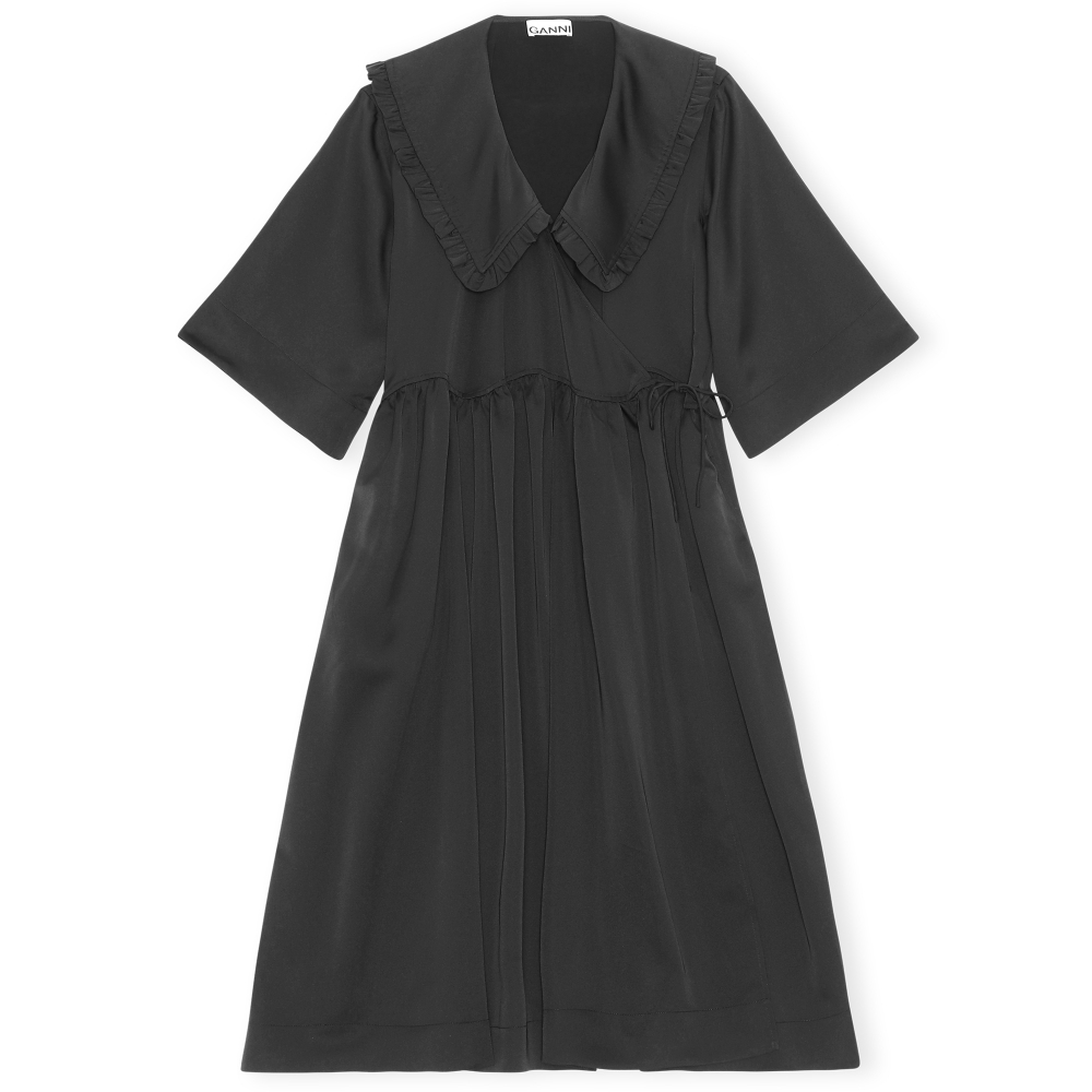 GANNI Smocked Satin Ruffle Collar Wavy Waist Oversize Wrap Dress (Black)