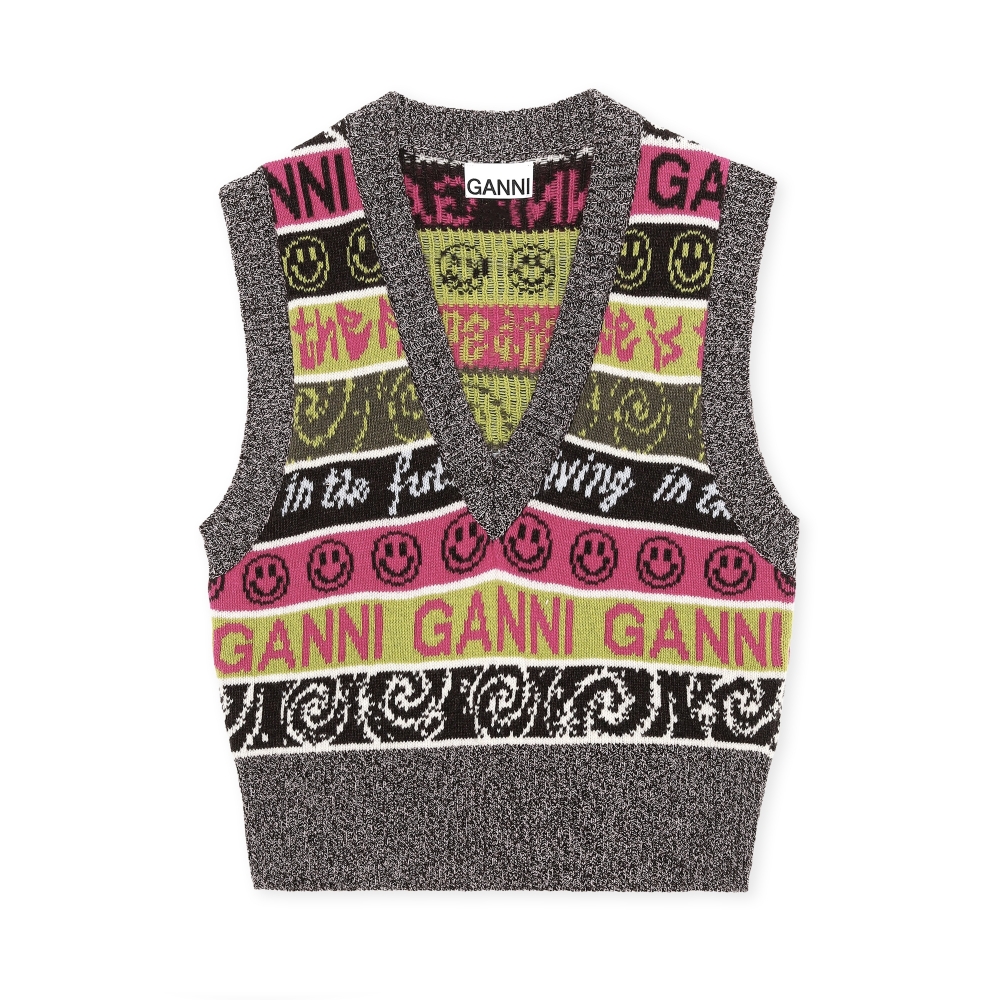 GANNI Wool Mix Knit V-Neck Vest (Multicolour)