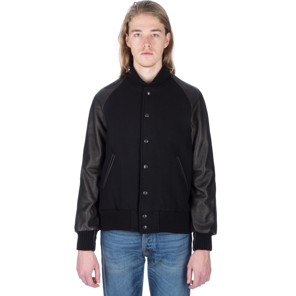 Golden Bear Sportswear Raglan Sleeve Varsity Jacket (Black Virgin Wool/Black Leather)