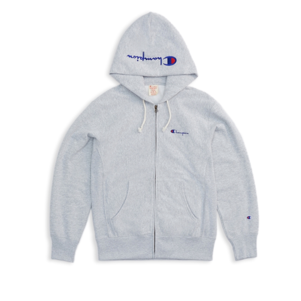 Champion Reverse Weave Hood Script Applique Full Zip Hooded Sweatshirt (Light Oxford Grey)