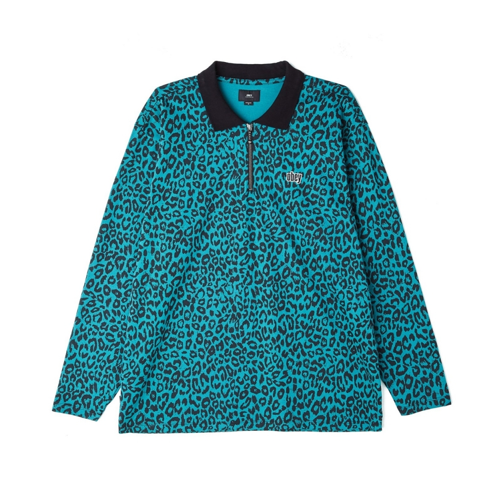 Obey Gimme Classic Long Sleeve Polo Shirt (Teal Leopard)