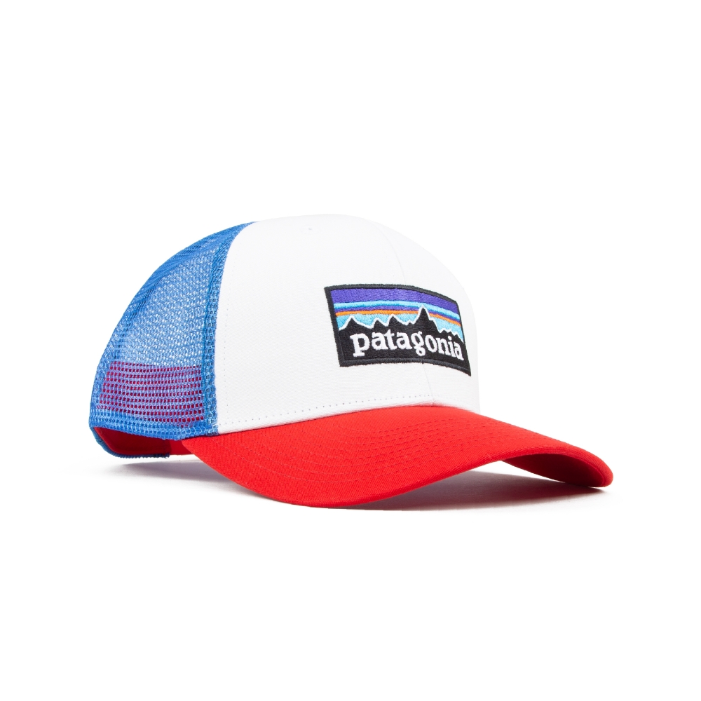 Patagonia P-6 Logo Trucker Cap (White w/Fire/Andes Blue)