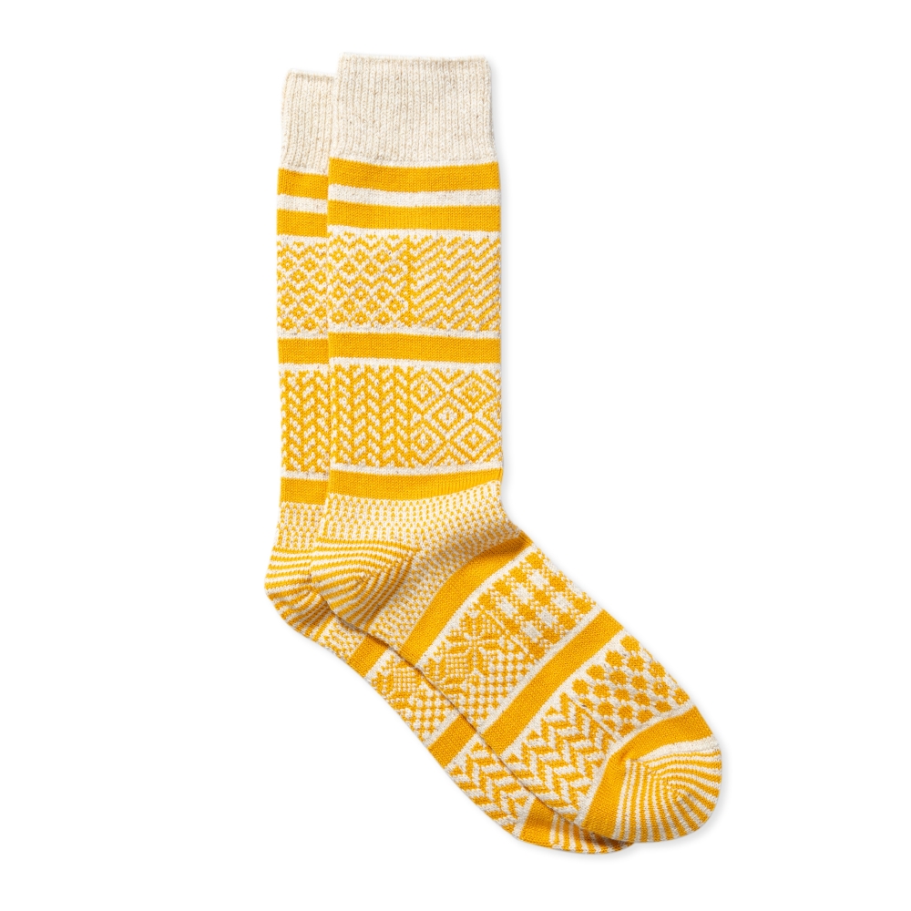 RoToTo  Multi Jacquard Crew Socks (Ivory/Yellow)