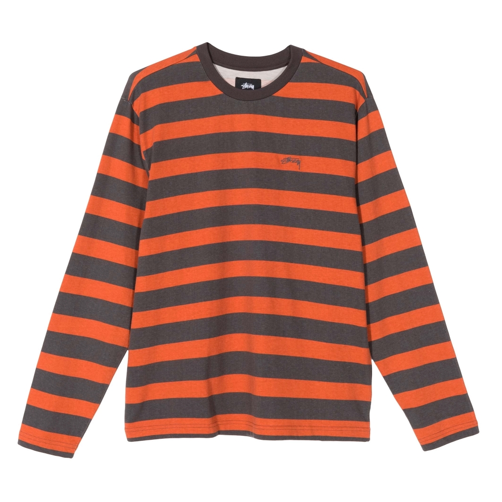 Stussy Printed Stripe Long Sleeve Crew Neck T-Shirt (Orange)