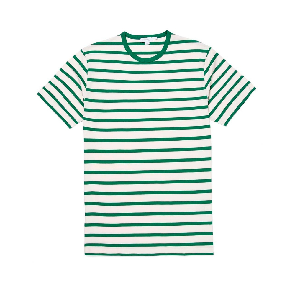 Sunspel Breton Striped Crew Neck Classic T-Shirt (Ecru/Chlorophilia Green)