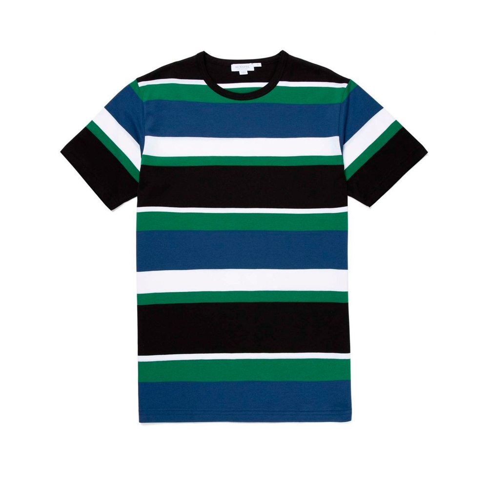 Sunspel Colour Block Striped Crew Neck Classic T-Shirt (Dark Indigo/Chlorophilia Green/Black/White)