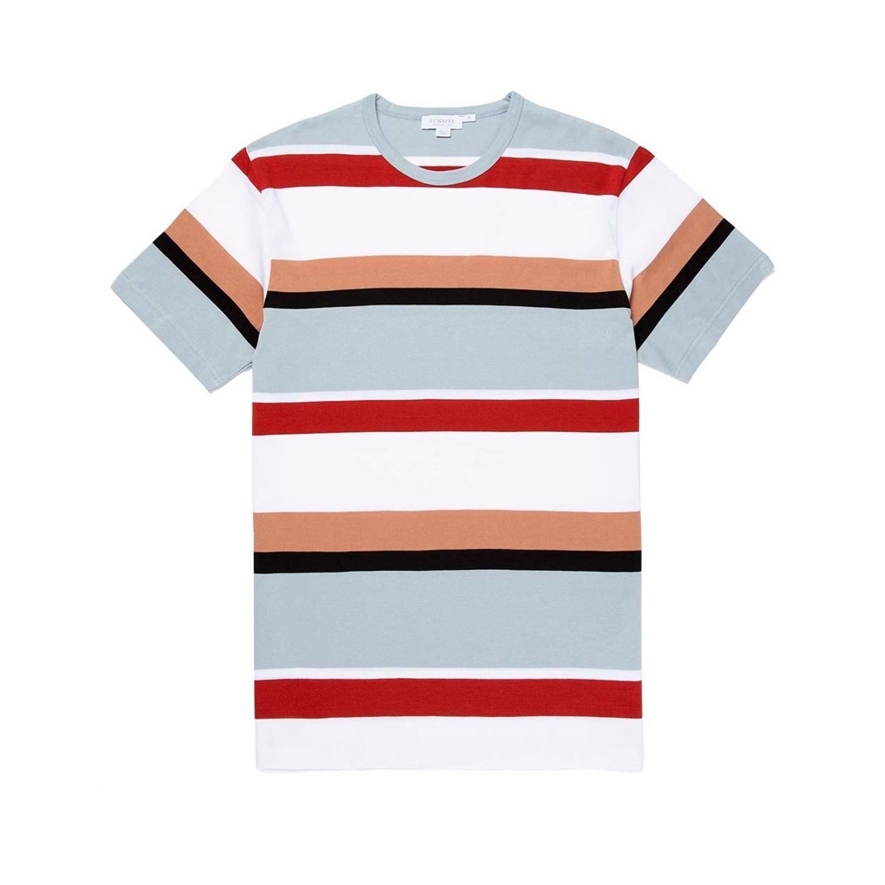 Sunspel Colour Block Striped Crew Neck Classic T-Shirt (White/Madder/Light Indigo)