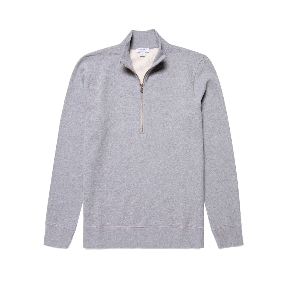 Sunspel Loopback Half Zip Sweatshirt (Grey Melange)