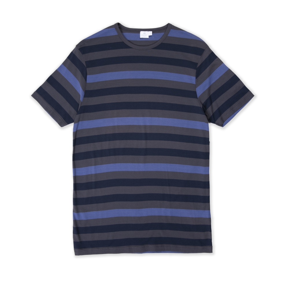 Sunspel Multi Stripe Crew Neck T-Shirt (Charcoal/Navy/Plum)