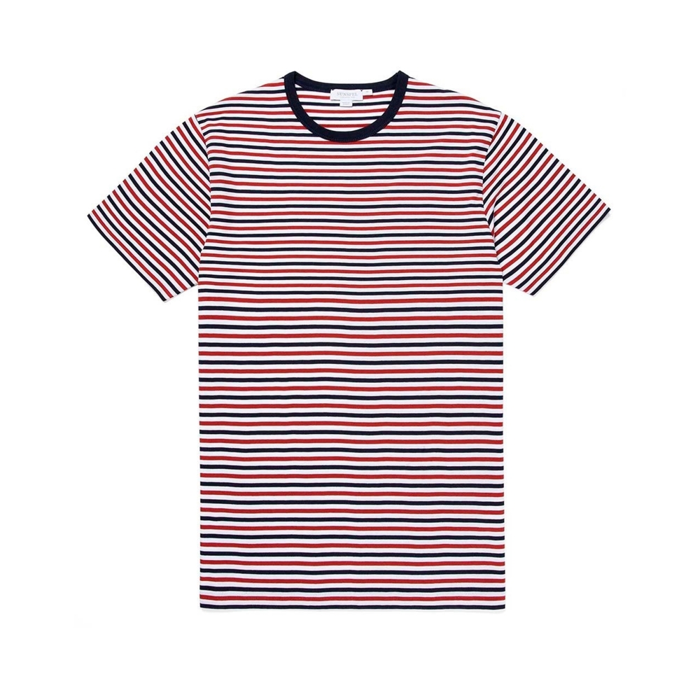 Sunspel Striped Crew Neck Classic T-Shirt (Madder/Navy/White)