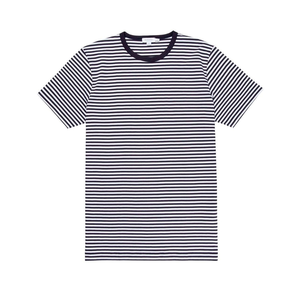 Sunspel Striped Crew Neck Classic T-Shirt (White/Navy)