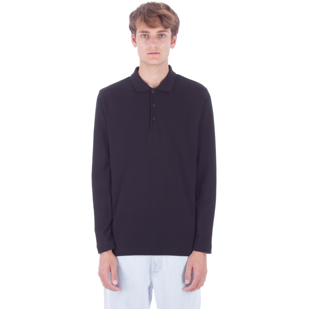 Sunspel Textured Long Sleeve Polo Shirt (Black)
