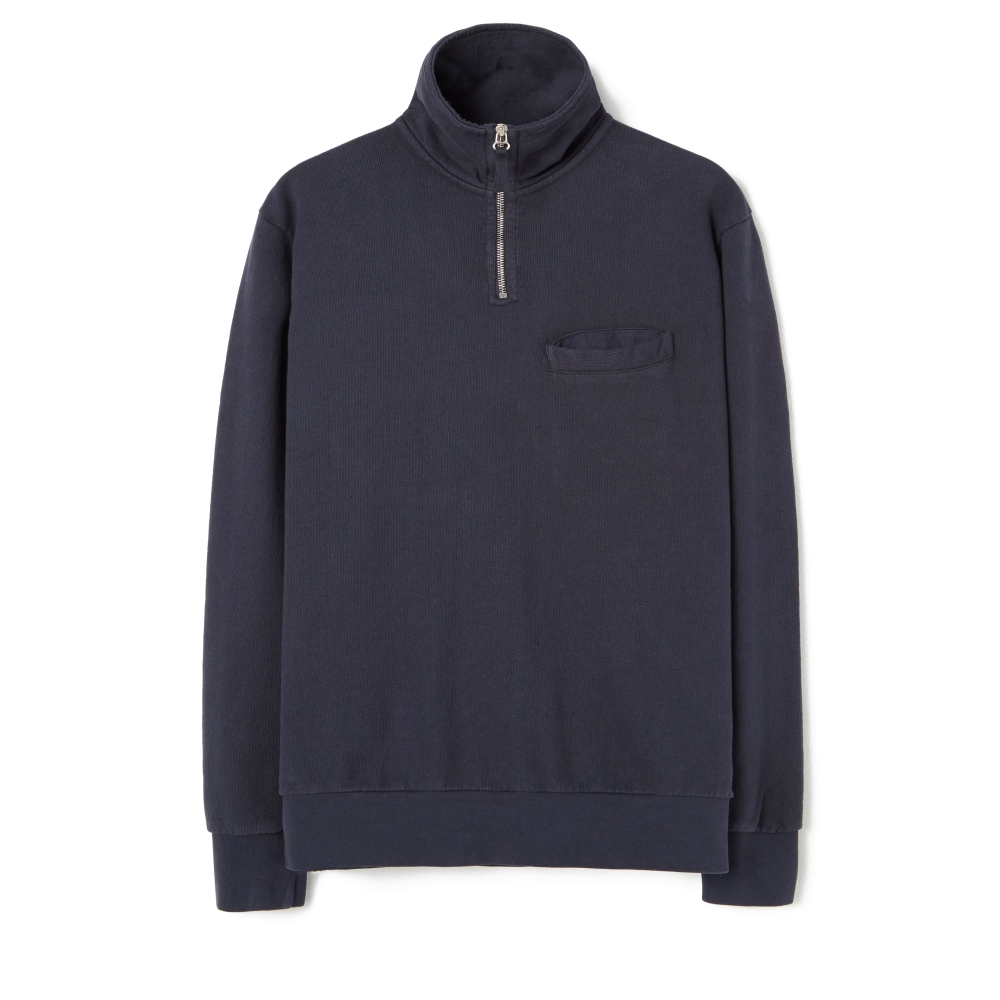 Universal Works Quarter Zip Pullover Sweatshirt (Navy Felpa Diagonal Cotton)