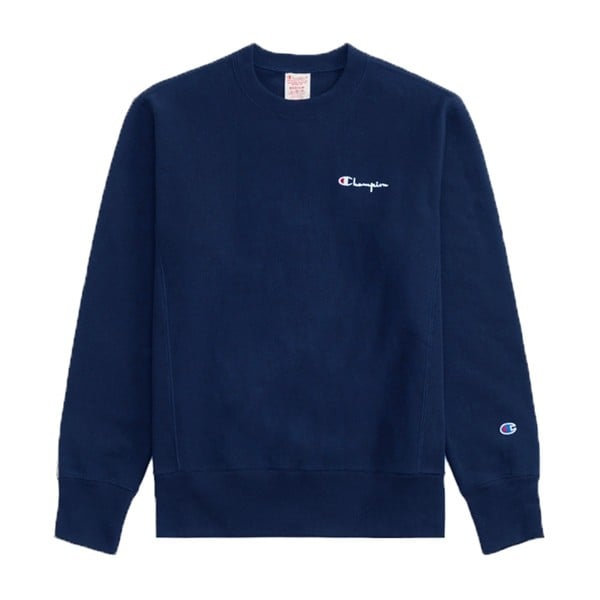 Champion Reverse Weave Vertical Script Applique Crew Neck Sweatshirt (Navy)