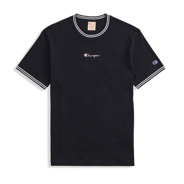 Champion Reverse Weave Striped Ringer Small Script Logo T-Shirt (New Black)