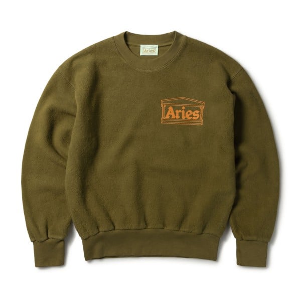 Aries Reverse Fleece Temple Crew Neck Sweatshirt (Olive)