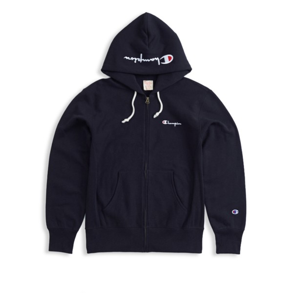 Champion Reverse Weave Hood Script Applique Full Zip Hooded Sweatshirt (New Black)