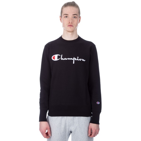 Champion Reverse Weave Script Applique Crew Neck Sweatshirt (Black)