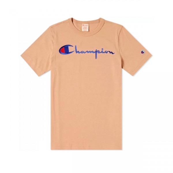 Champion Reverse Weave Script Applique Crew Neck T-Shirt (Beige)