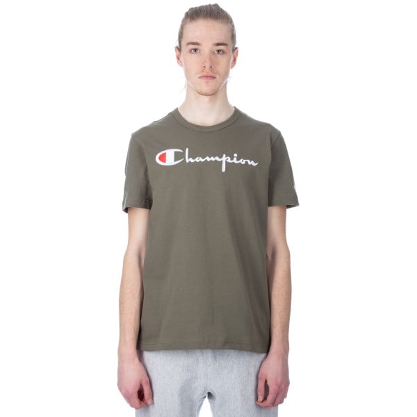 Champion Reverse Weave Script Applique Crew Neck T-Shirt (Olive)