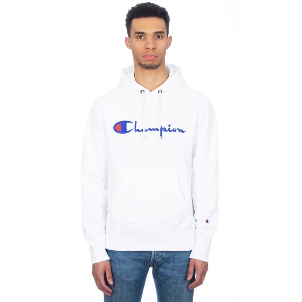 Champion Reverse Weave Script Applique Pullover Hooded Sweatshirt (White)