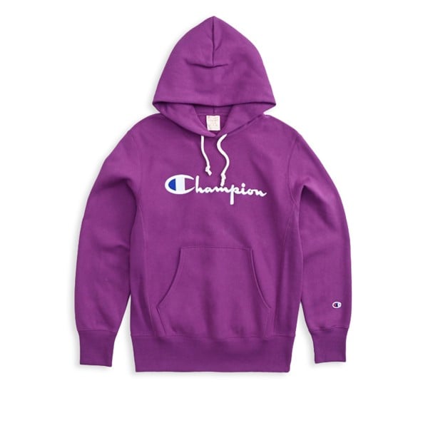 Champion Reverse Weave Script Applique Pullover Hooded Sweatshirt (Dark Purple)