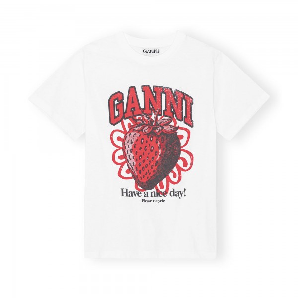GANNI Basic Jersey Strawberry Relaxed T-Shirt (Bright White)