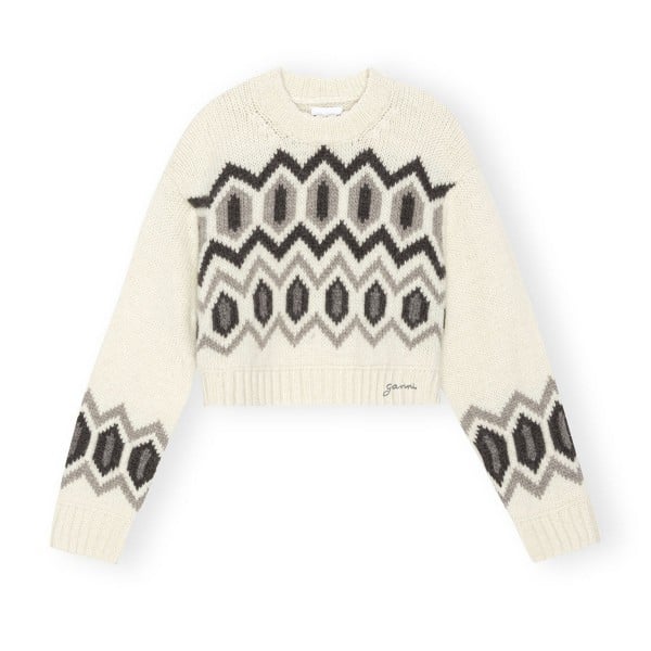 GANNI Chunky Graphic Wool Cropped O-Neck Sweater (Egret)