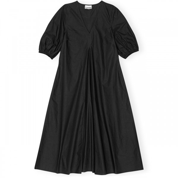 GANNI Cotton Poplin V-Neck Long Dress (Black)