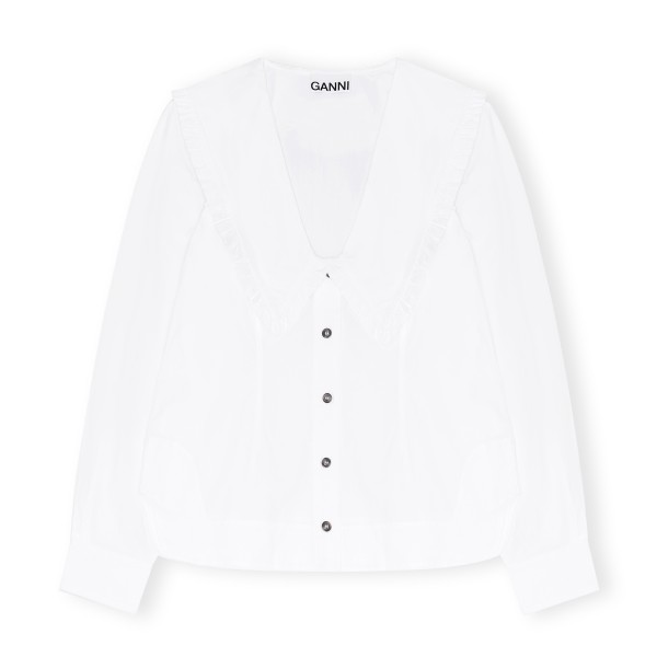 GANNI Cotton Poplin V-Neck Shirt (Bright White)