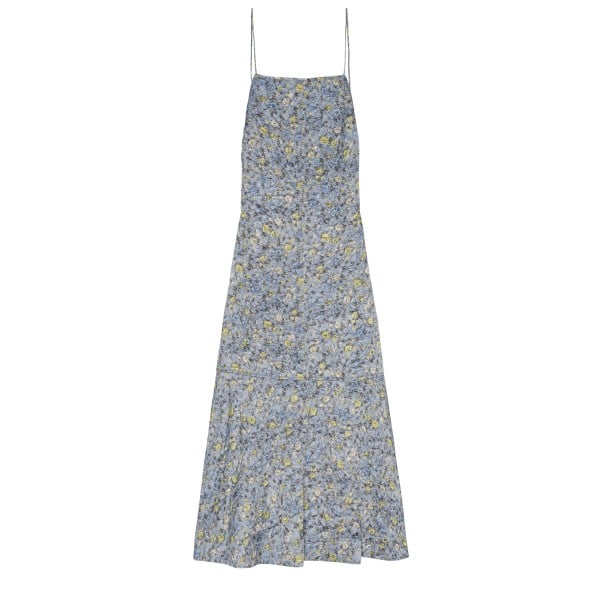 GANNI Crinkled Satin Open Back Long Slip Dress (Dusty Blue)