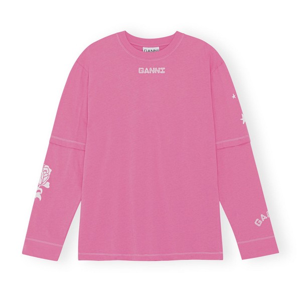 GANNI Light Jersey Layered Long Sleeve T-Shirt (Shocking Pink)