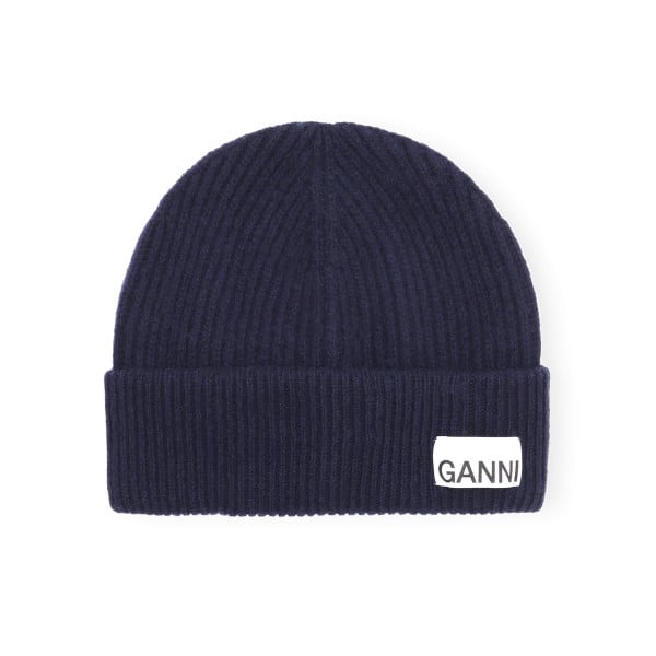 GANNI Light Structured Rib Knit Beanie (Peacoat)