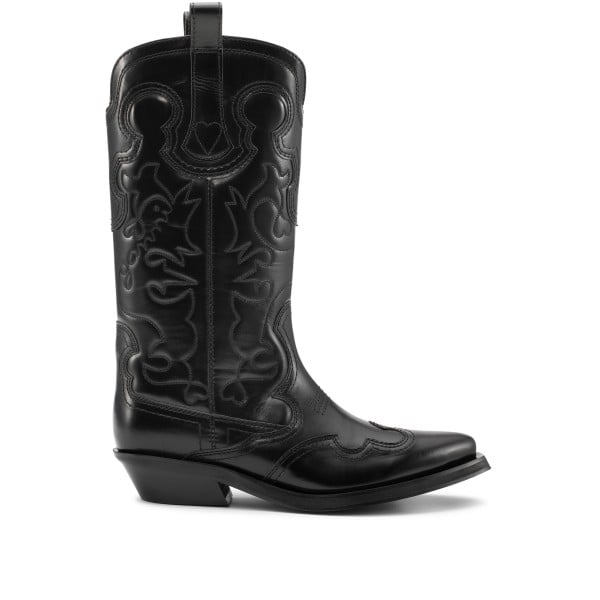 GANNI Mid Shaft Embroidered Western Boot (Black/Black)
