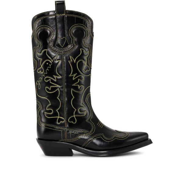 GANNI Mid Shaft Embroidered Western Boot (Black)