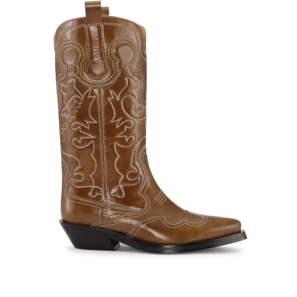 GANNI Mid Shaft Embroidered Western Boot (Tiger's Eye)