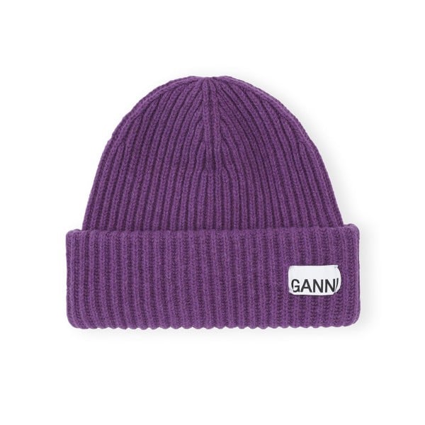 GANNI Oversized Structured Wool Rib Knit Beanie (Royal Purple)