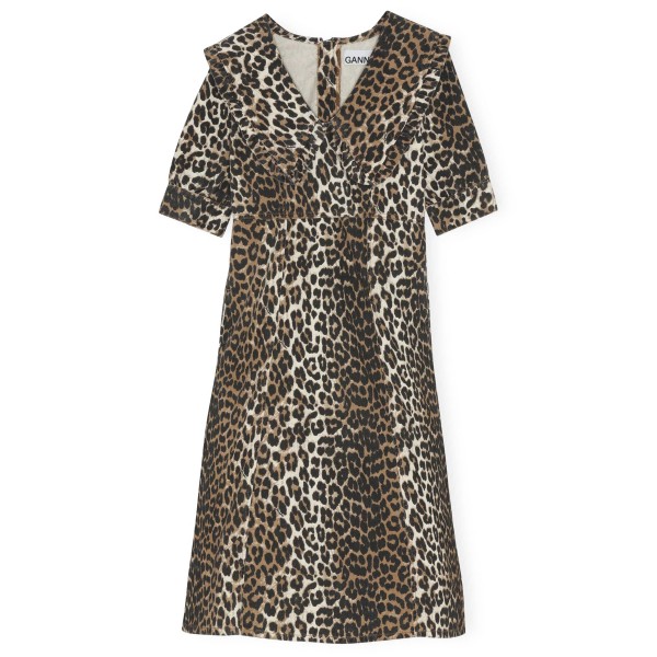 GANNI Print Denim Frill Collar Midi Dress (Leopard)