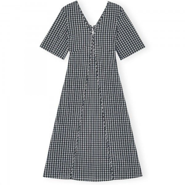 GANNI Seersucker Check V-neck Long Dress (Egret)