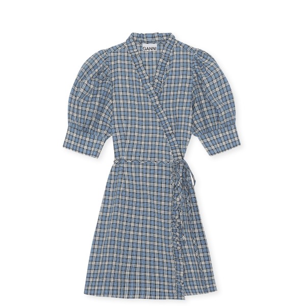 GANNI Seersucker Check Wrap Ruffle Mini Dress (Check Azure Blue)