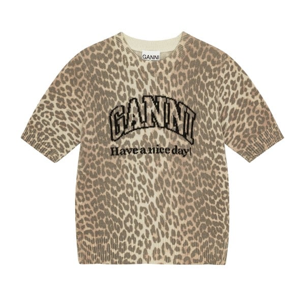 GANNI Graphic Wool Mix Printed Leopard T-Shirt (Leopard)