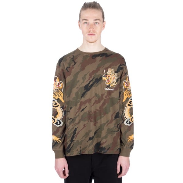 Maharishi Camo Golden Dragon Embroidered Long Sleeve T-Shirt (rose appliqué organza shirt)