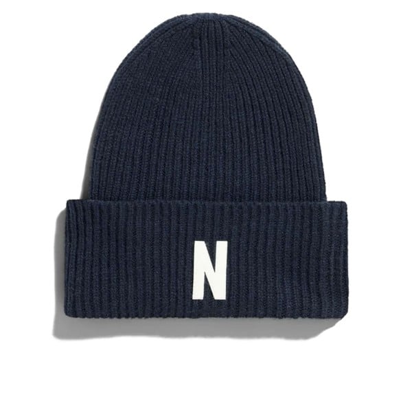 Norse Projects Merino Lambswool Rib N Logo Beanie (Dark Navy)